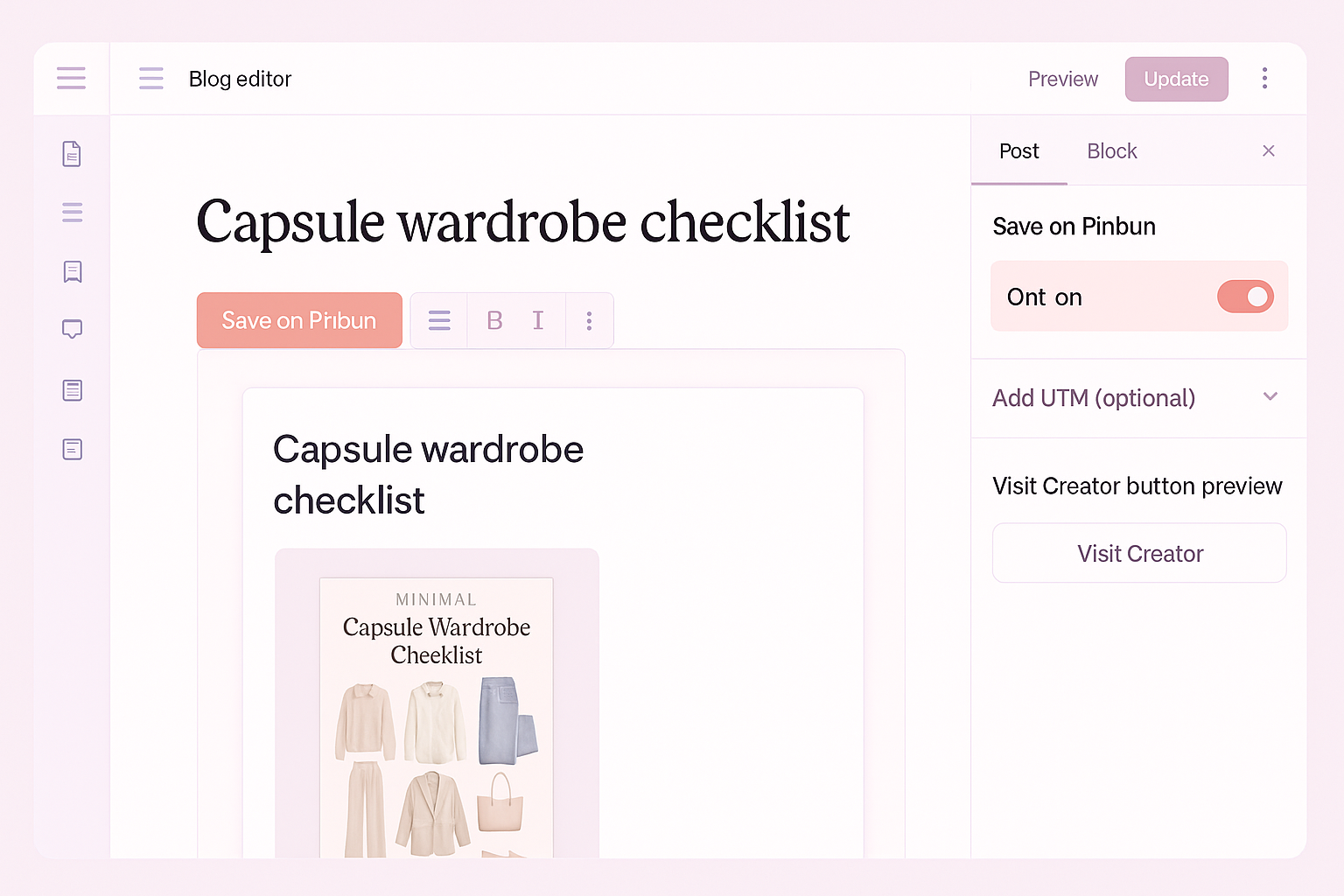 WordPress editor with Save on Pinbun button