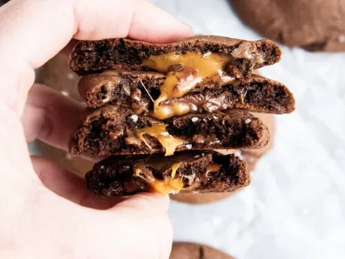 These rolo cookies are easy to make with a cake mix, then topped with sea salt for a sweet and salty perfect cookie!