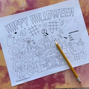 A Halloween coloring page and puzzle page all wrapped into one. The younger ones may just enjoy coloring, but with a little help from parents or older
